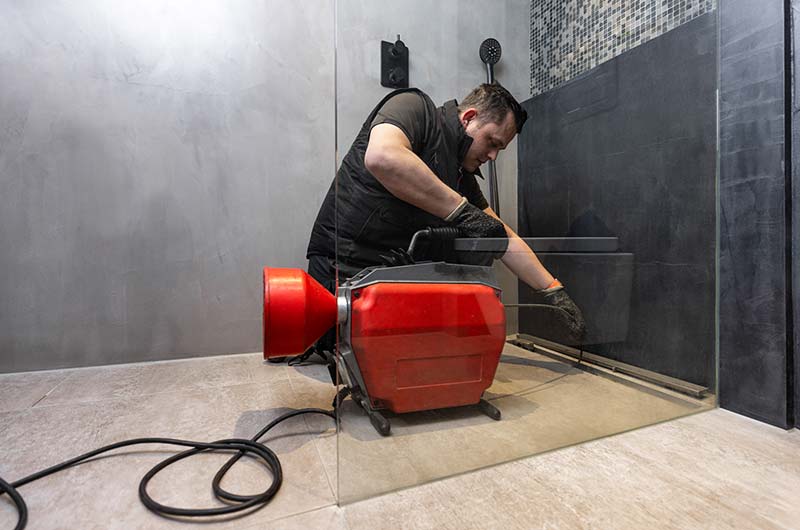 Monteur ontstopt de doucheafvoer met de rode ontstoppingsmachine